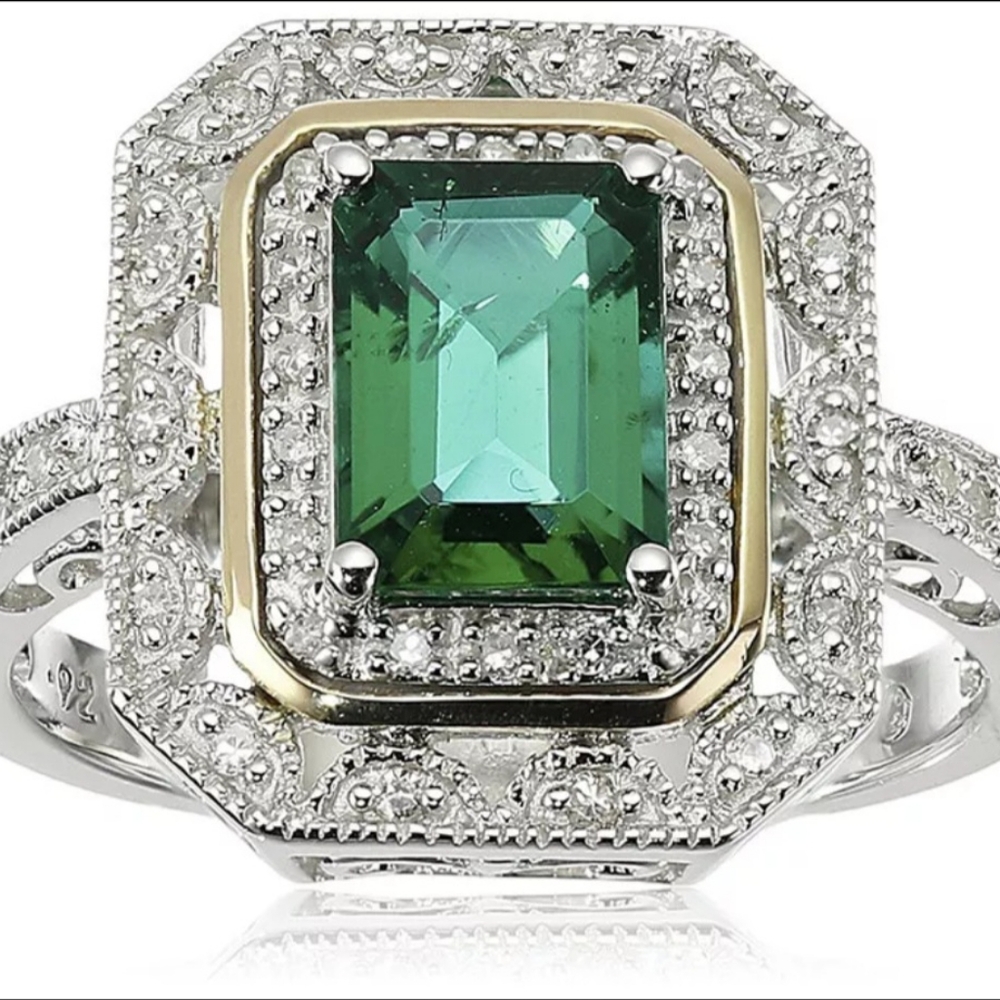 2.65 CT Emerald & CZ Double halo two tone Engagement Ring in 925 Sterling Silver